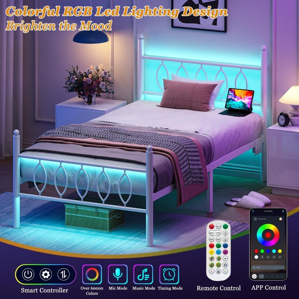 Estrutura de Cama de Plataforma de Metal Branco Tamanho Twin com Cabeceira, Estação de Carregamento, Luzes LED e Armazenamento de 30 cm Debaixo da Cama