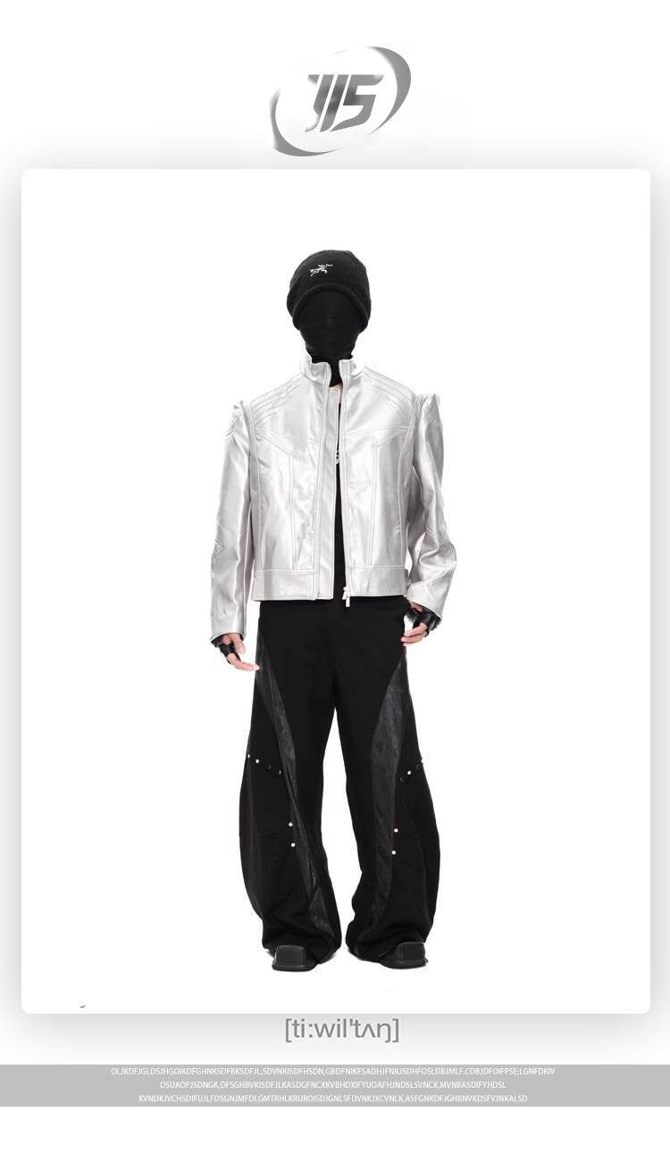 FEWQ Niche Design Men's PU Leather Coats Stand Collar Solid Color Zipper Metal Design Shoulder Pads Male Short Jacket 24K5931