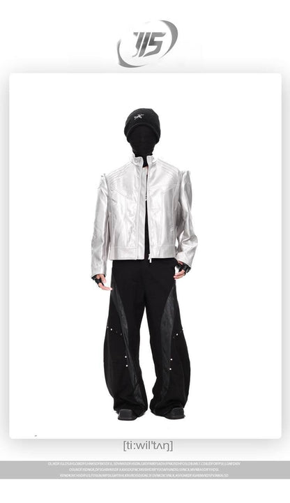 FEWQ Niche Design Men's PU Leather Coats Stand Collar Solid Color Zipper Metal Design Shoulder Pads Male Short Jacket 24K5931