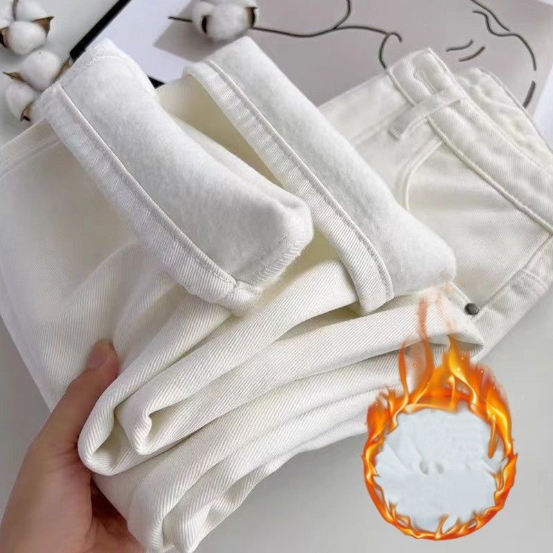 Winter Female Snow Warm High Waist Jeans Women Korean Fleece Thermal Denim Pants Girls Fashion Plush Straight Leg Trousers