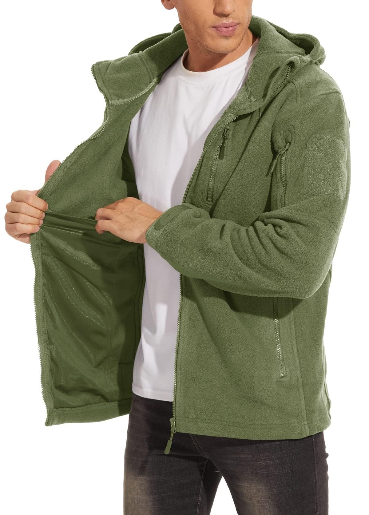 TACVASEN Spring Winter Fleece Jacket With Hoodie Mens Hooded Fleece Jacket Full-Zip Up Outdoor Windproof Hooded Warm Work Coat