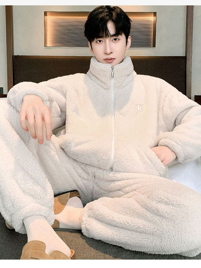 New Men's High Neck Large Size Loose Plush Loungewear Autumn and Winter Thick Warm Flannel Pajamas Can Worn Outside Coral Fleece