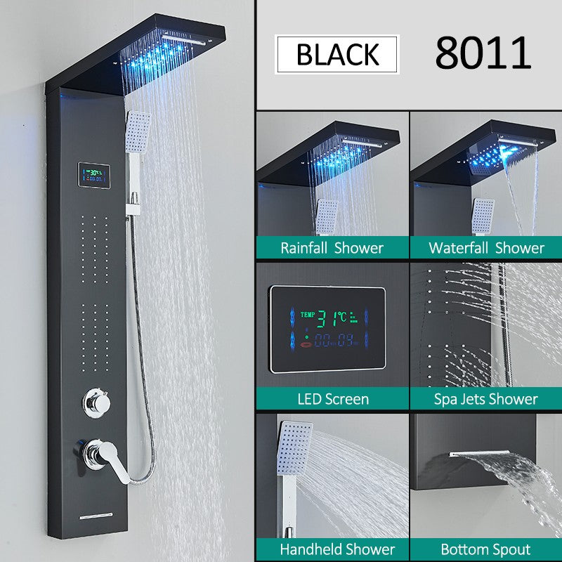 Sistema de Torre de Painel de Chuveiro de LED Coluna de Chuveiro de Cascata de Chuva com Tela LCD de Hidroeletricidade com Torneira de Chuveiro de Spa de Corpo com Massagem