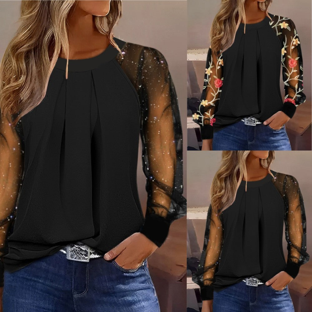 Spring And Autumn Women's Fashionable Round Neck Lace Patchwork Shirt Elegant Long Sleeved Hollow V-neck Loose Fitting Blouse