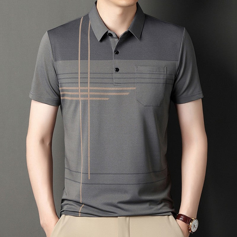 Summer New Men's Color Blocking Polo Shirt Pocket Button Up T-shirt Casual Slim Fit Comfortable Short Sleeved Breathable Top