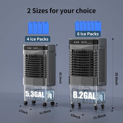 Ar-Condicionado Evaporativo Portátil 3 em 1 Swamp Cooler de 8,2 Gal com Controle Remoto, 3 Velocidades, Timer de 12H e 6 Bolsas de Gelo