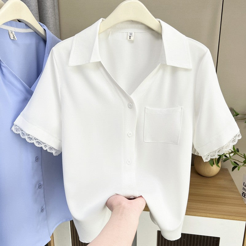 Plus Size Women's Summer New Style Lace Sleeve V-Neck Short Sleeve Shirt Fresh And Elegant Fashionable Blouse Polyester Fabric
