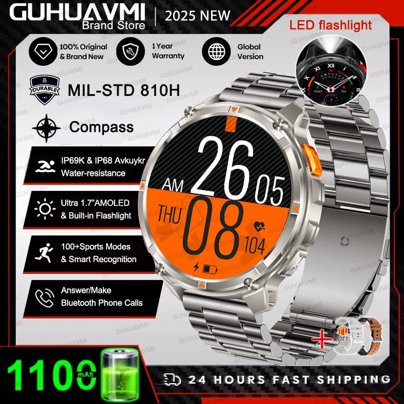 Smartwatch Masculino 2026 Novo Militar 1100mAh Bateria Tela AMOLED 1.7" Bússola GPS Lanterna Chamada Bluetooth 5ATM Natação
