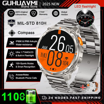 Smartwatch Masculino 2026 Novo Militar 1100mAh Bateria Tela AMOLED 1.7" Bússola GPS Lanterna Chamada Bluetooth 5ATM Natação