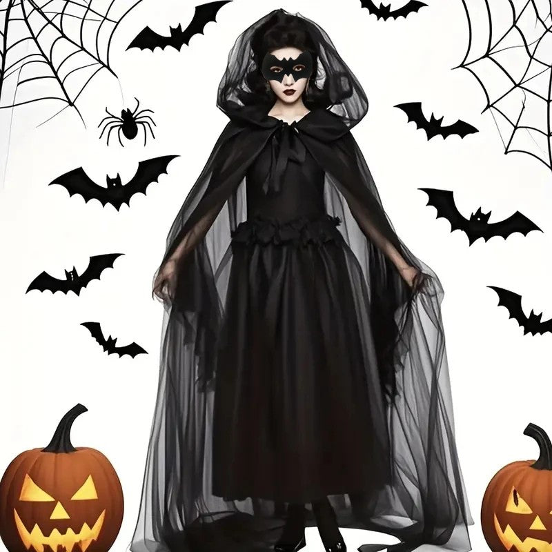 Black Wedding Veil Witch Vampire Roleplay Cloak Halloween Double Cloak Game Party Costume Props Festival Dress-up