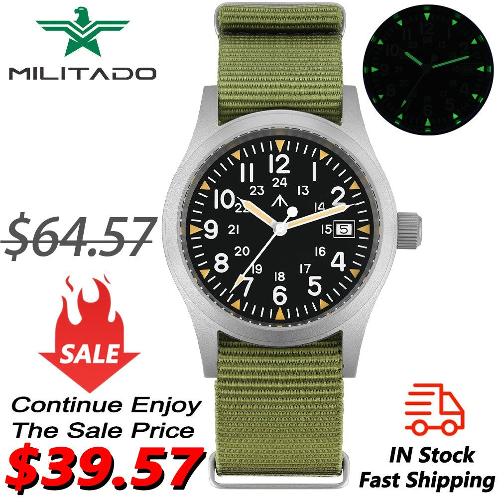 Militado ML05 Military Watch Ronda 515 Quartz Movement Domed Sapphire With High Clear AR Coating Luminous 38mm Vintage Watches