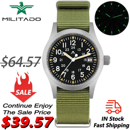 Militado ML05 Military Watch Ronda 515 Quartz Movement Domed Sapphire With High Clear AR Coating Luminous 38mm Vintage Watches