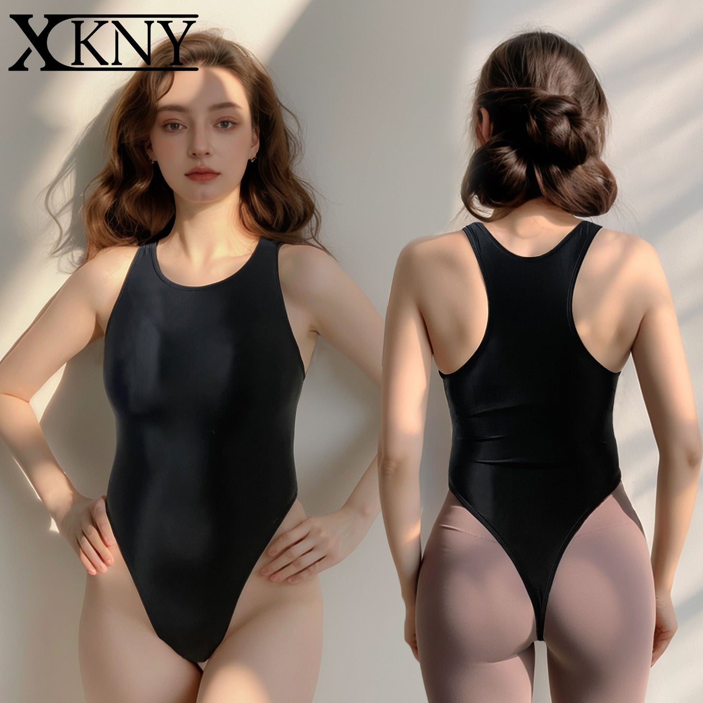 XCKNY glossiness series tights Sexy High-Cut Bikini Thong Bodysuit satin glossy swimsuit Unisex Waistcoat