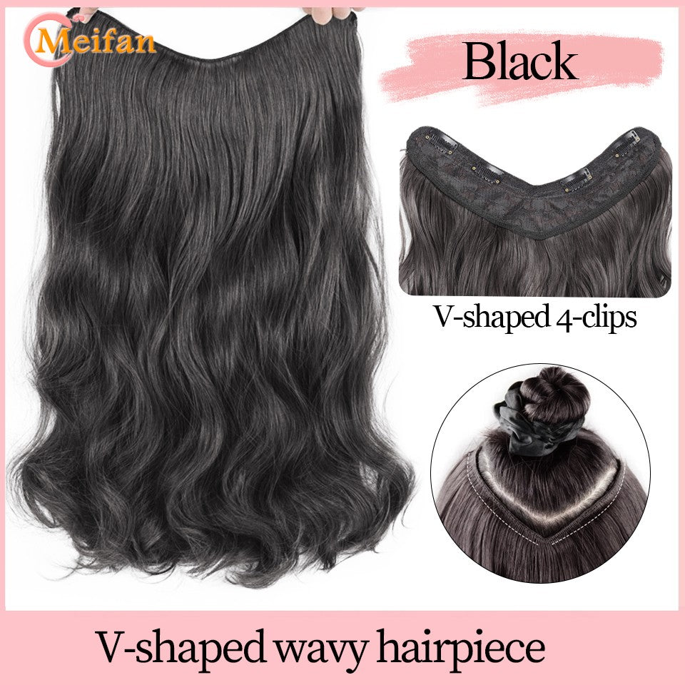 ?Extensões com Presilha em V Cabelo Sintético Ondulado com 4 Presilhas Castanho Preto Extensões de Uma Peça para Mulheres Uso Diário