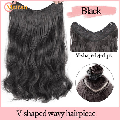 ?Extensões com Presilha em V Cabelo Sintético Ondulado com 4 Presilhas Castanho Preto Extensões de Uma Peça para Mulheres Uso Diário