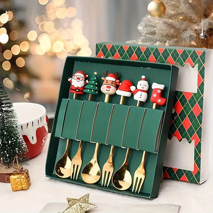 Conjunto de 6 Garfos e Colheres de Natal em Aço Inoxidável, Talheres Criativos para Café, Chá, Sobremesa, Conjunto de Presente
