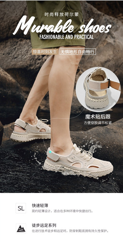 Sandals men's tide summer new style leather toe cap outdoor leisure sports hollow sandals beach shoes Handmade mesh men shoes