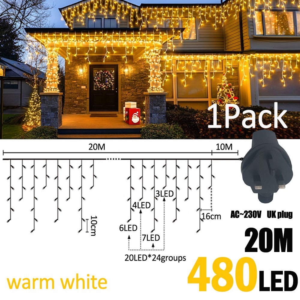 LED Christmas Icicle Curtain String Lights 20M+10M 480LED Extens 8Modes, Plug in Waterproof for Wedding Party Home Garden