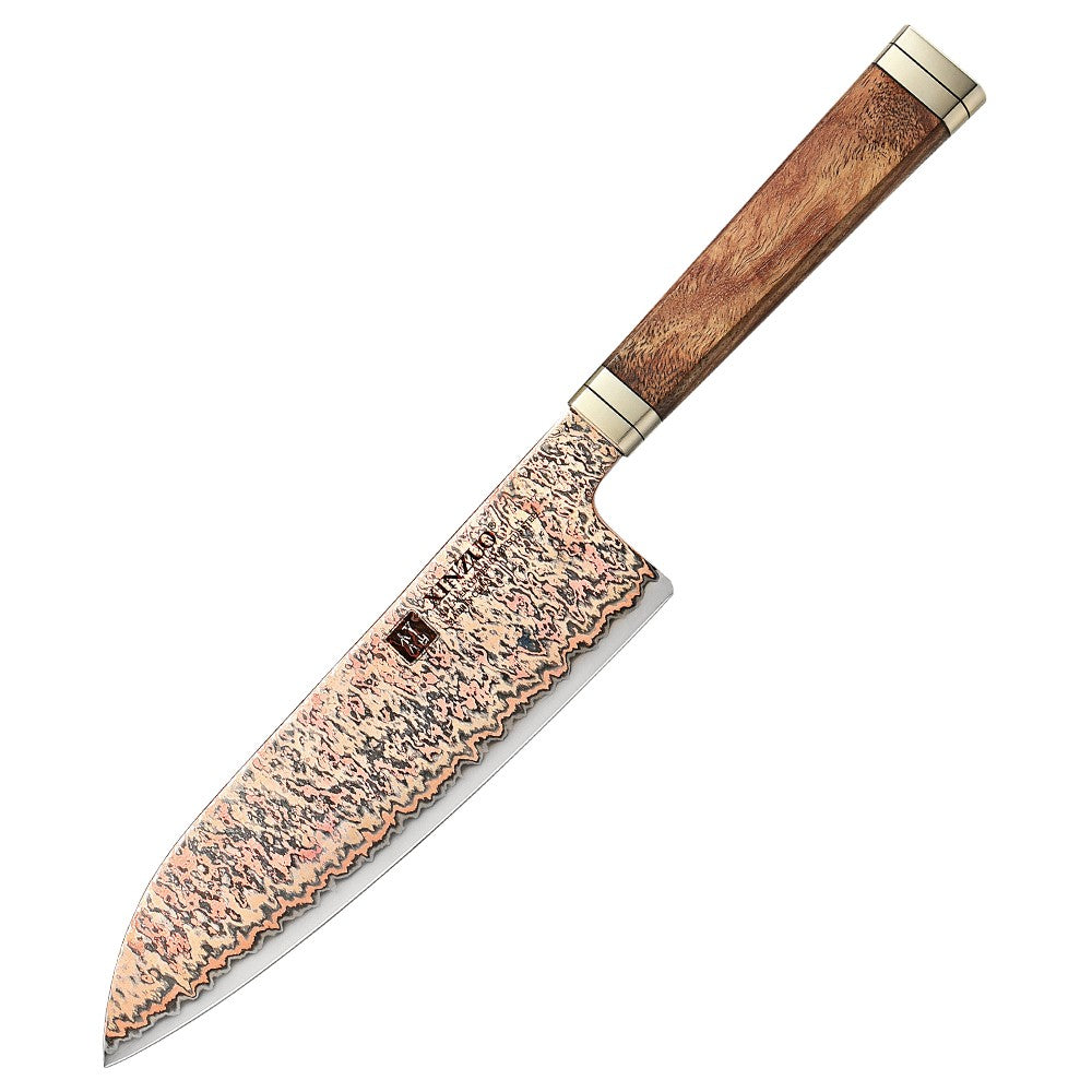 XINZUO Conjunto de 1-5 Peças de Facas para Legumes, Multiuso, Santoku, Chef, Bunka, Aço Damasco de Cobre Tricolor com 53 Camadas, Núcleo 12Cr18MoV, Dureza 60±2 HRC, com Caixa de Acácia