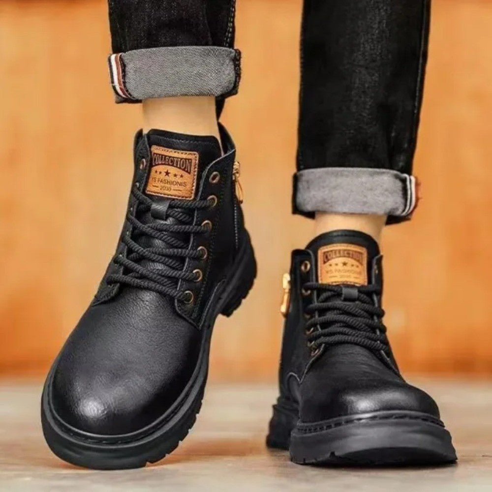 Men's Boots Fashion Motorcycle Boots High-top Casual Leather Boots for Men Plush Warm Winter Boot Non Slip Platform Boot Botas