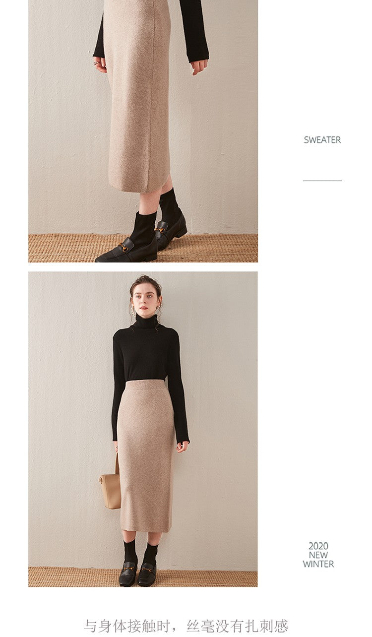 100% pure wool skirt new women's autumn and winter mid-length high-waisted thin cashmere skirt knitted all-match hip skirt