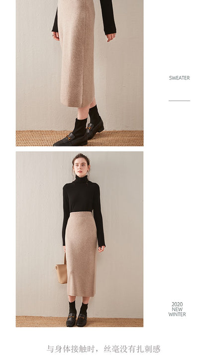 100% pure wool skirt new women's autumn and winter mid-length high-waisted thin cashmere skirt knitted all-match hip skirt