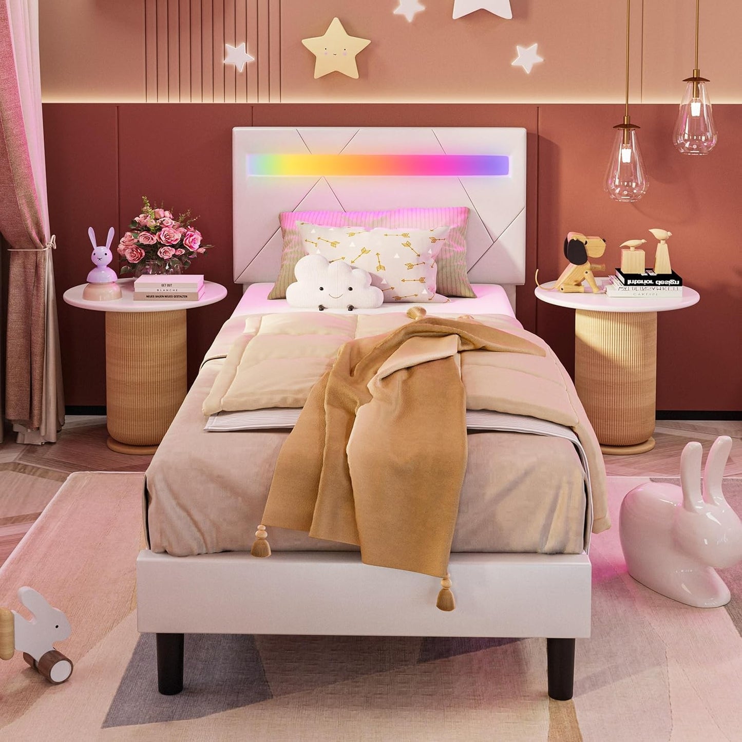 Estrutura de Cama de Solteiro com Luzes LED (Controle via APP Inteligente), Estrutura de Cama Plataforma Moderna Estofada, Não Precisa de Box/Livre de Ruídos