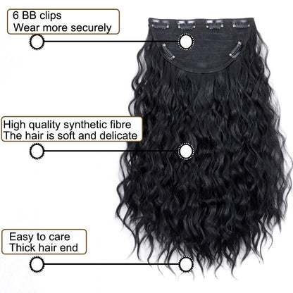 Extensão de Cabelo Sintética de 18 Polegadas, Uma Peça, 6 Clipes, Curta, Ondulada, Encaracolada, com Clipe, Invisível, Volumosa, Preta/Castanha, para Mulheres