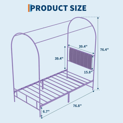 GAOMON Cama Infantil com Dossel, com Cabeceira e Peseira, Estruturas de Cama de Solteiro Estofadas com Hastes Arqueadas para Mosquiteiro, Metal Resistente