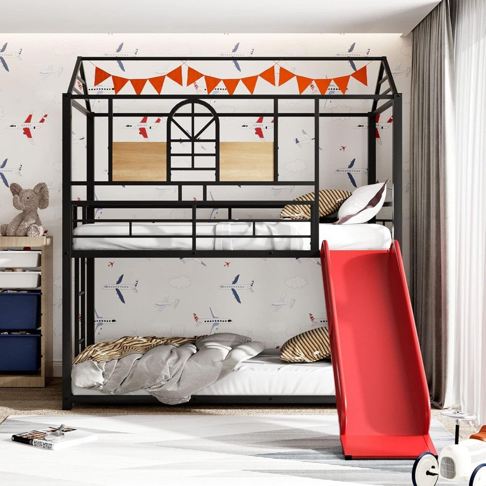 Over Twin Metal Bunk Bed with Slide and House Design, Black Bed Frame with Red Slide