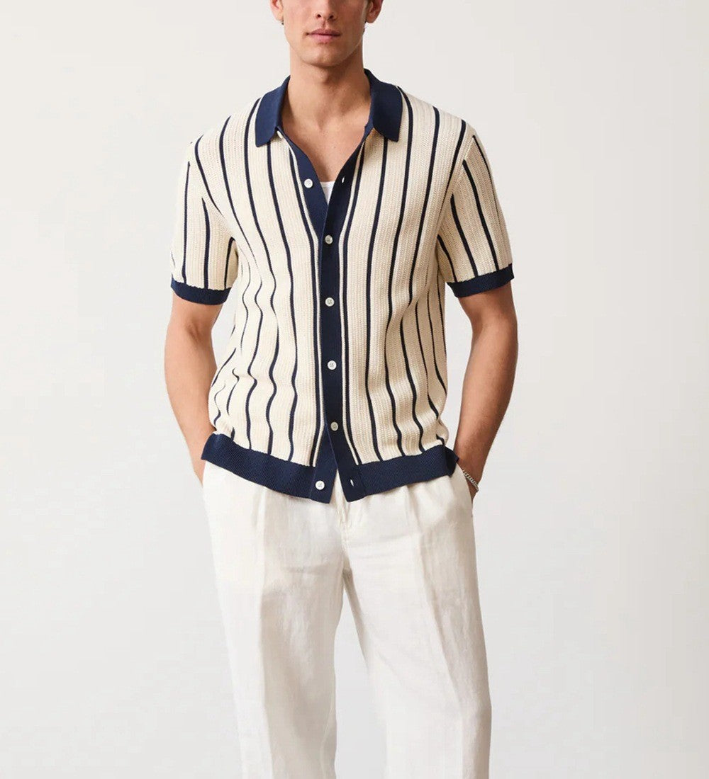 New Summer Men's Striped Knit Polo Shirts Fashion Patchwork Short Sleeve Turn Down Collar Smart Casual Polos Men Knitted Tops
