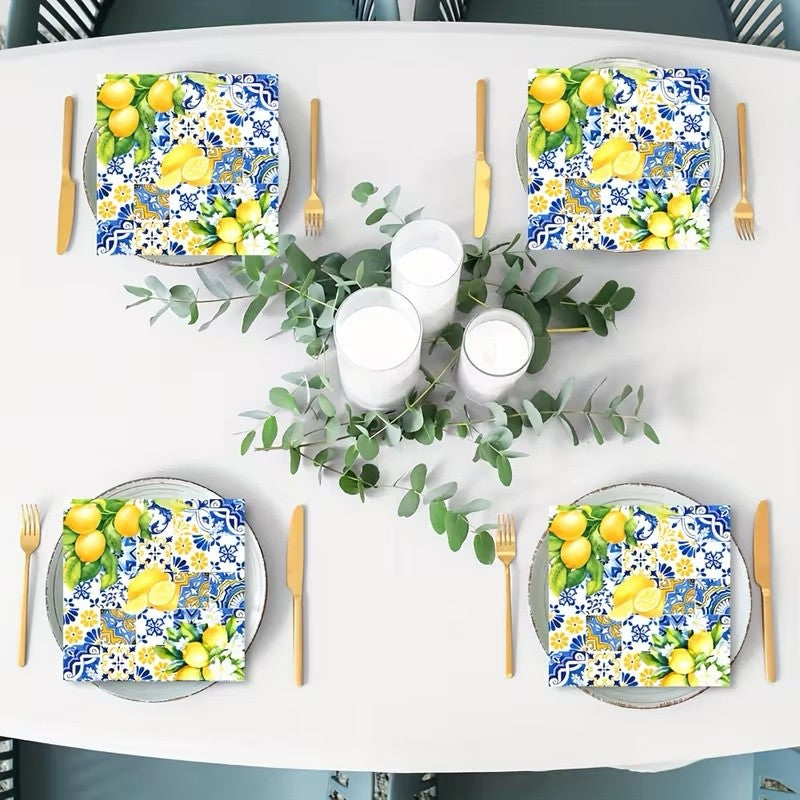 Mediterranean Lemon Blue Disposable Paper Napkins Citrus Floral Printed Table Decor Wedding Bridal Shower Garden Party Supplies