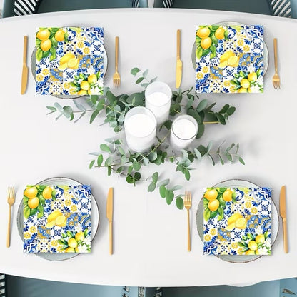 Mediterranean Lemon Blue Disposable Paper Napkins Citrus Floral Printed Table Decor Wedding Bridal Shower Garden Party Supplies