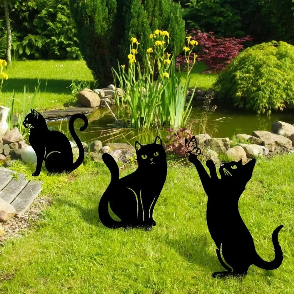 Exclusive Cute Cat Garden Decorative Silhouette - Tiki-Inspired Cat Family Garden Stakes | Perfect Outdoor Statues for Garden