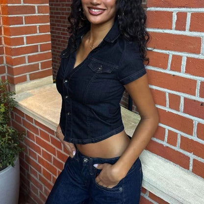 Y2k retro solid color denim material women T-shirt single-row button Harajuku slim short denim shirt casual top