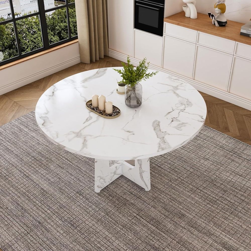 Modern 47.2 Inch Marble-Look Trestle Base Dining Table for 4-6 Seating