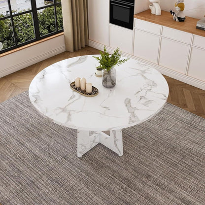 Modern 47.2 Inch Marble-Look Trestle Base Dining Table for 4-6 Seating