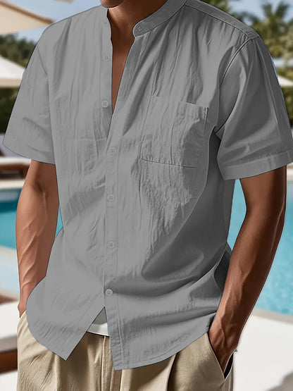 2025 Summer New Style Casual Beach Short-Sleeved Solid Color Shirt with Standing Collar and Pockets for Men