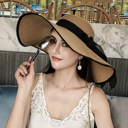 Chapéu Feminino Dobrável de Palha de Verão para Praia, Viseiras de Viagem, Proteção Facial Feminina, Boné Balde com Proteção UV, Chapéu de Sol Panamá para Meninas, Atacado