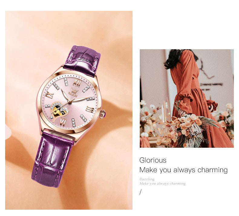 OLEVS 6636 Luxury Women Watch Fully Automatic Hollow Design Diamond Heart shaped Watch Elegant Mechanical Women Bracelet Watch