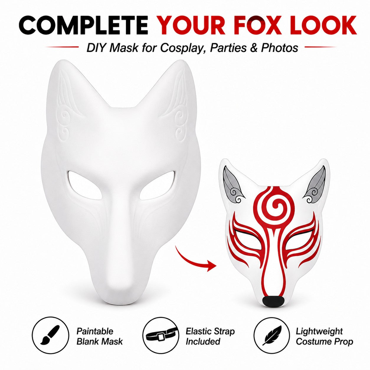 DIY White Fox Mask Paintable Kitsune Cosplay Half Face Mask, Blank Anime Fox Mask for Halloween Party Masquerade Stage Prop