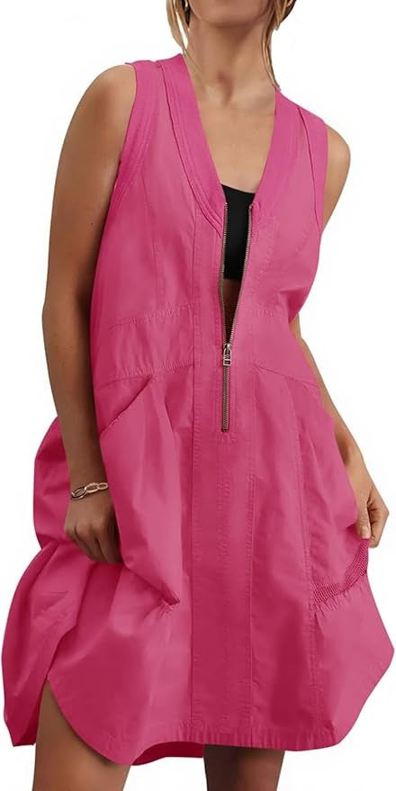 Fisoew Women's Sleeveless Mini Dress Half Zip V Neck Casual Mesh Back Summer Dress with Pockets sexy dress