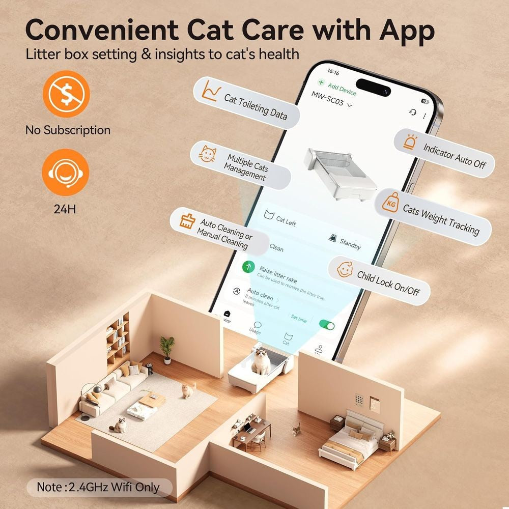 Caixa de Areia Inteligente Autolimpante para Vários Gatos com Controle por Aplicativo, Pente Duplo, Controle de Odor e Recurso Anti-Aprisionamento