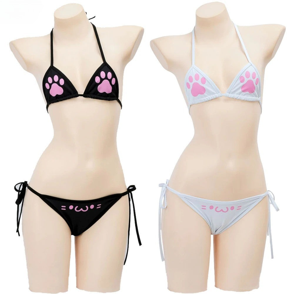 Japanese Anime Kawaii Girl Cute Cat Paw Bikini Swimsuit Women Claw Pattern Three Point Underwear Bra Panties Set Costume Cosplay