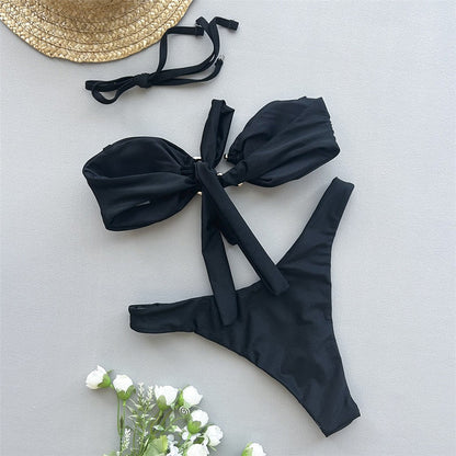 Solid Pink Bandeau Micro Bikini Thong Metal Ring Sexy Swimsuit Women Holiday Ladies Swimwear High Cut Bathing Suit Bikinis Sets