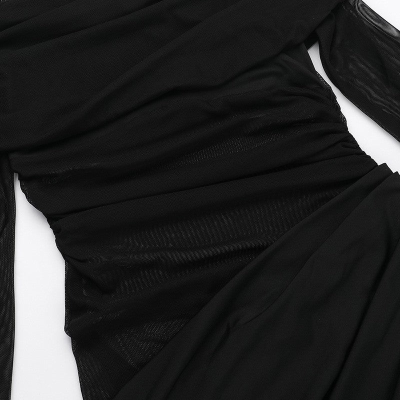 Y2k Summer New Solid Color Long Sleeve Off Shoulder Dresses Sexy Wrap Hip Mesh S