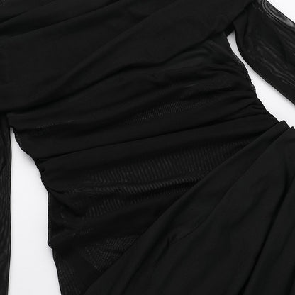 Y2k Summer New Solid Color Long Sleeve Off Shoulder Dresses Sexy Wrap Hip Mesh S