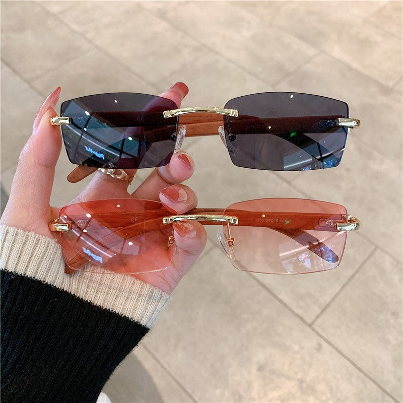 KAMMPT Rimless Sunglasses For Men Women Wooden Pattern Luxury Brand Retro Sun Glasses Fashion Shades UV400 Travel Outdoor