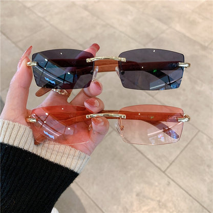 KAMMPT Rimless Sunglasses For Men Women Wooden Pattern Luxury Brand Retro Sun Glasses Fashion Shades UV400 Travel Outdoor