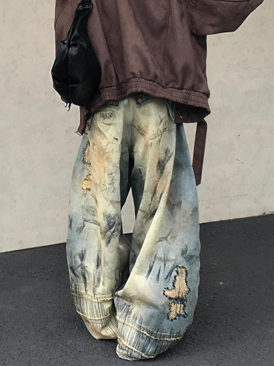 American Street Destruction Style Embroidered Denim Pants Oversized Retro Wash Personality Fashion Loose Casual Wide Leg Jeans